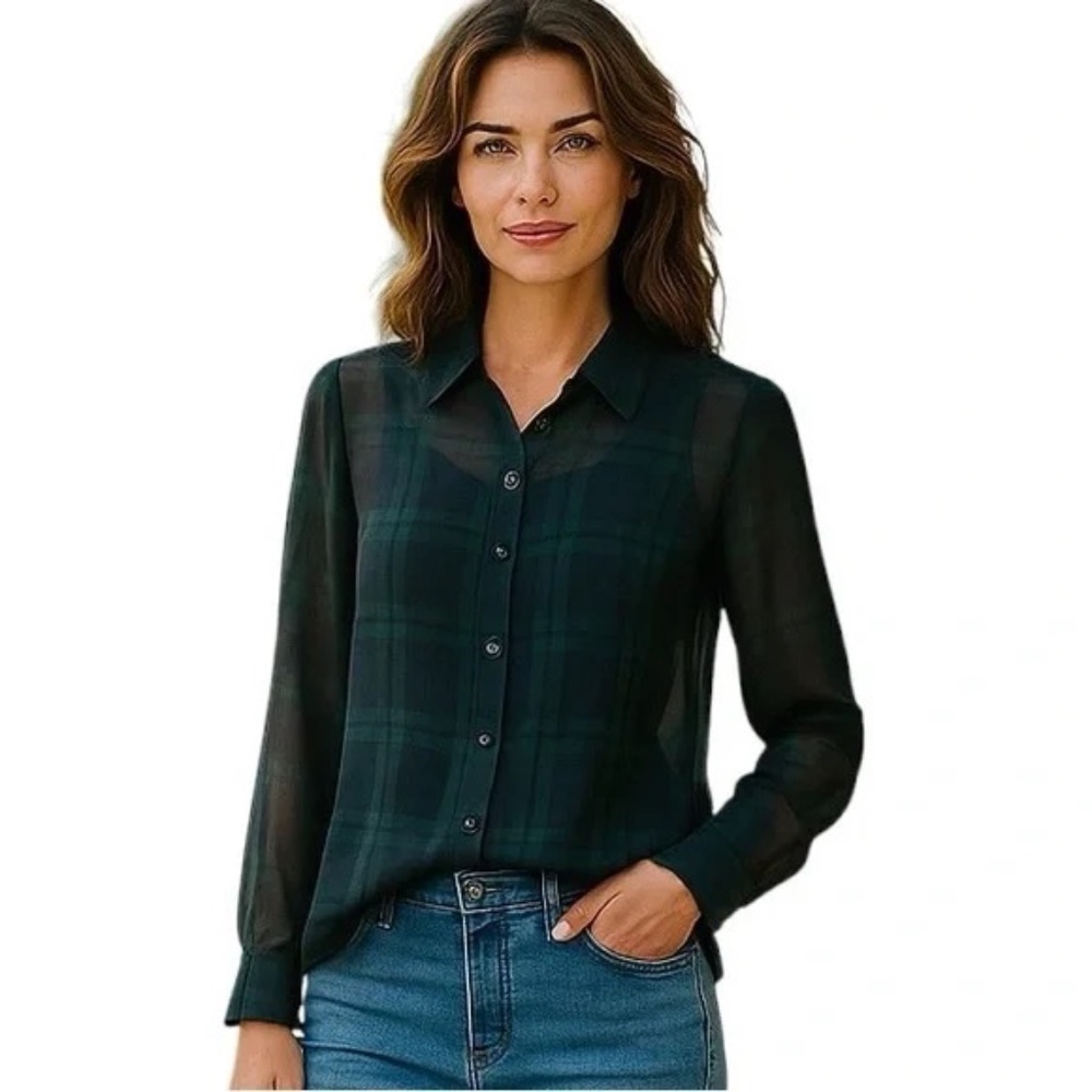 Lord & Taylor Sheer Green & Navy Plaid Long Sleeve Blouse Size Petite S